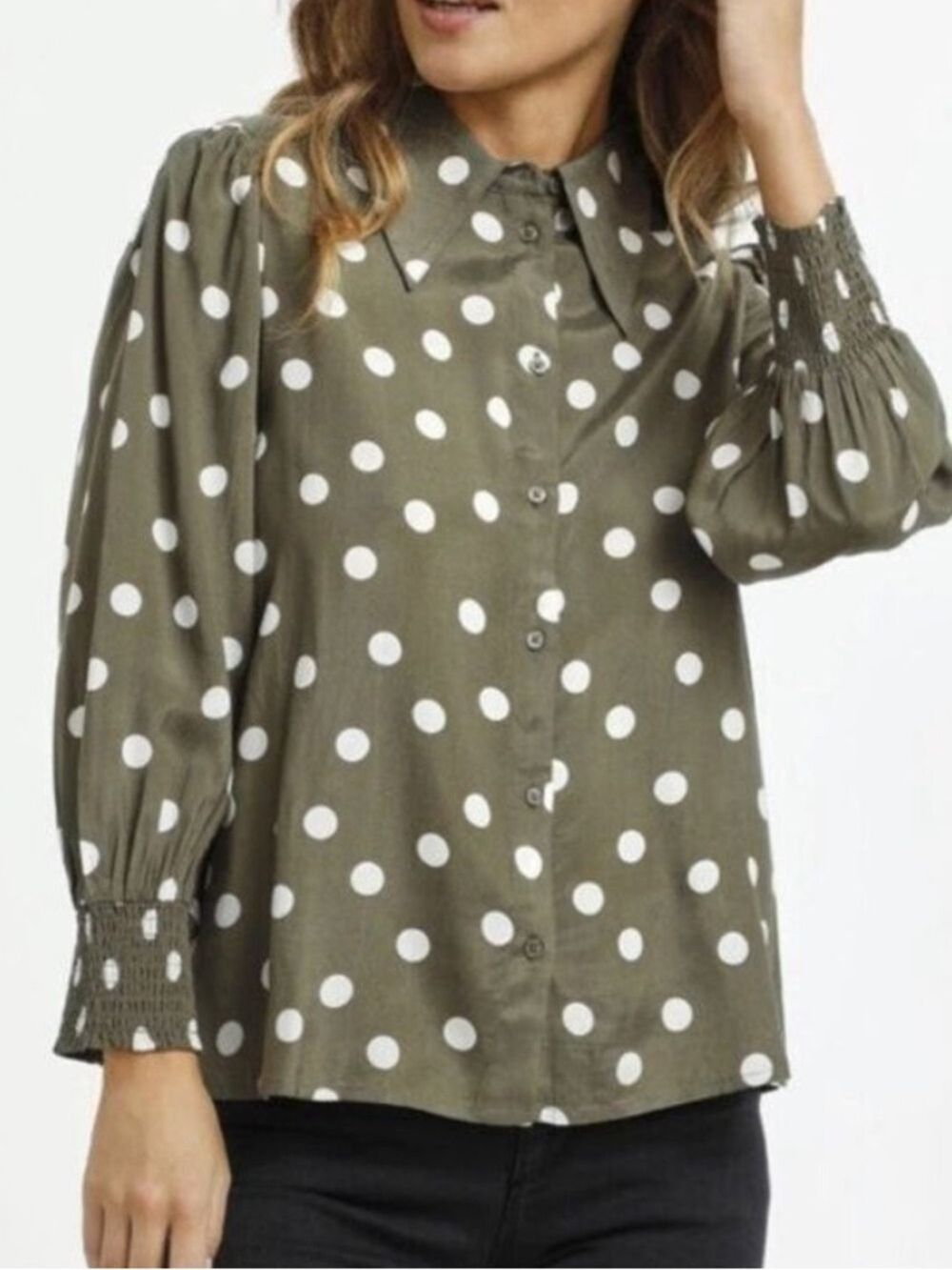 Kaffe  Olive Polka Dot Blouse Size 36 Small -Medium